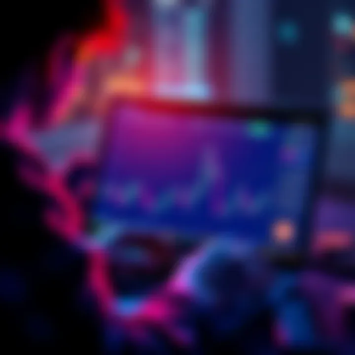 A person looking at cryptocurrency charts on a laptop, with Tether symbols and currency icons around them.