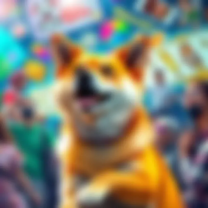 A joyful Doge dog surrounded by colorful graphics and fan art, symbolizing excitement and community enthusiasm for Doge in 2026