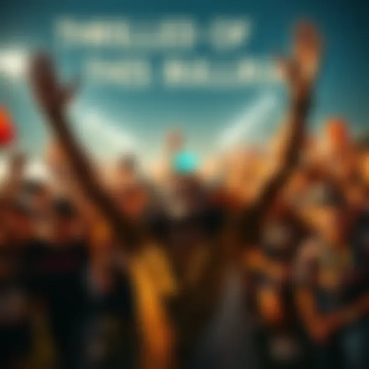 A joyful person raising their arms in celebration, surrounded by cheering community members, symbolizing excitement for an upcoming bullrun.