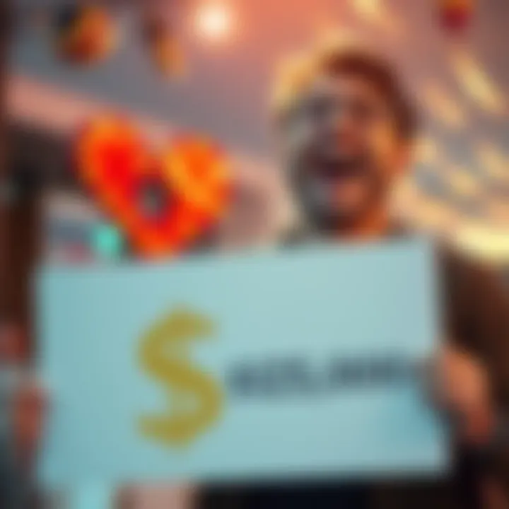 A person looks thrilled while holding a sign with a dollar symbol, symbolizing ambition and financial goals.