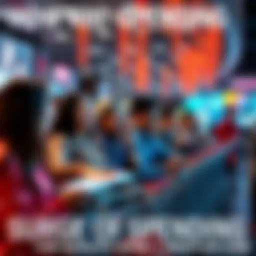 A group of people joyfully shopping online, taking advantage of their bonus rewards, with bright screens and shopping carts full of items.