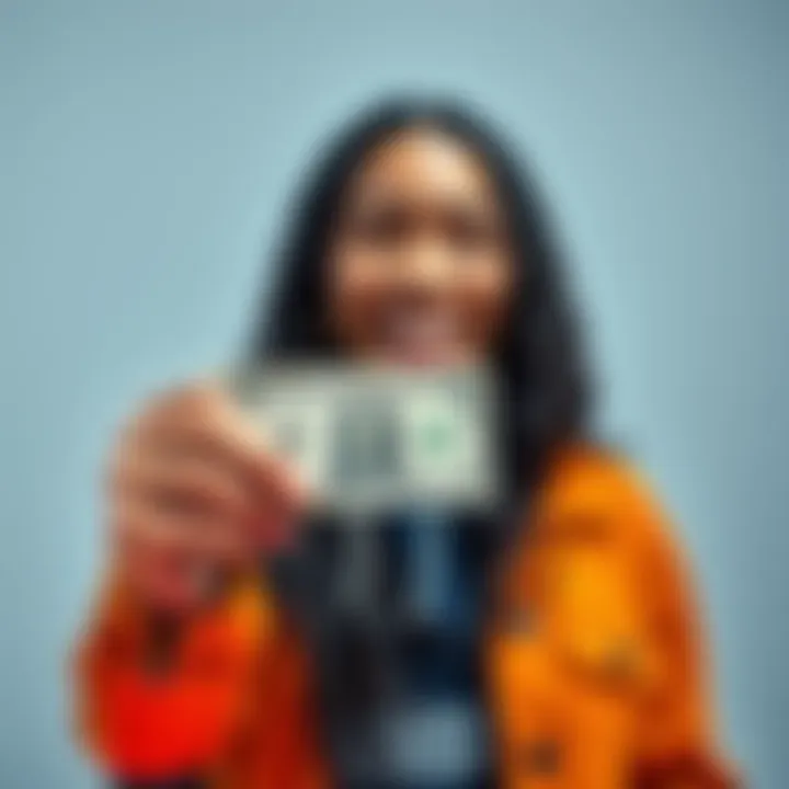 A smiling person proudly holding their first dollar, symbolizing a milestone in their financial journey