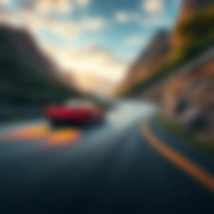 A sports car speeding down a winding road surrounded by mountains and greenery, symbolizing adventure and thrills