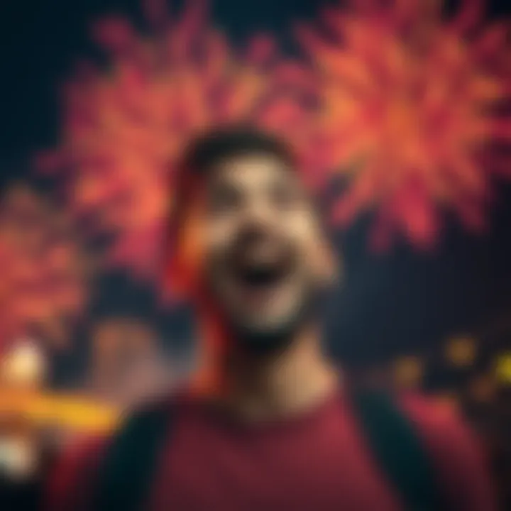 A person looking excited with a backdrop of bright fireworks symbolizing upcoming news
