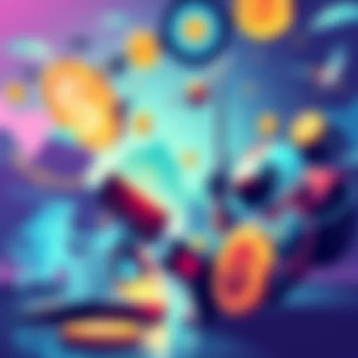 A colorful illustration showing various gaming characters and crypto coins representing opportunities on Solana