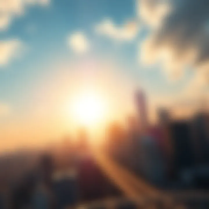A bright sunrise over a city skyline symbolizing new opportunities and growth in various sectors.