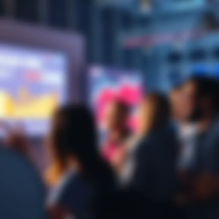 A group of people looking at impressive stats displayed on a screen, showing excitement and interest.