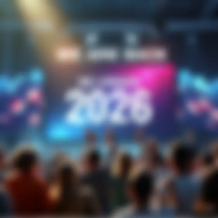 Exciting Updates Announcement A group of people gathered around a large screen showing a countdown to 2026, expressing enthusiasm and ready for new developments.