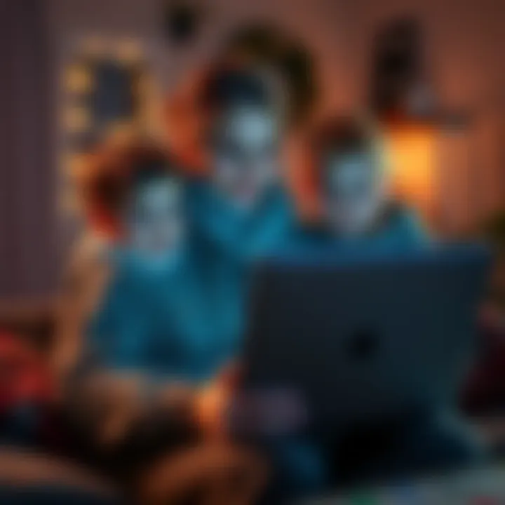 A mother holding her two children while looking at a laptop, searching for cryptocurrency advice in her cozy home in Belgium.