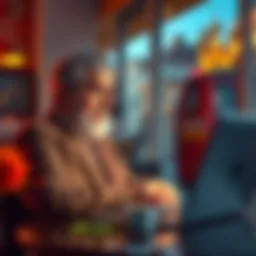 A retired Brit sitting at a laptop, looking concerned while researching tax residency issues online with Revolut.