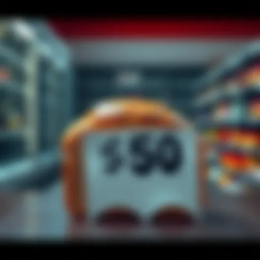 A loaf of bread displayed with a price tag reading $50, illustrating the high cost during the Great Depression, with a background showing empty supermarket shelves.