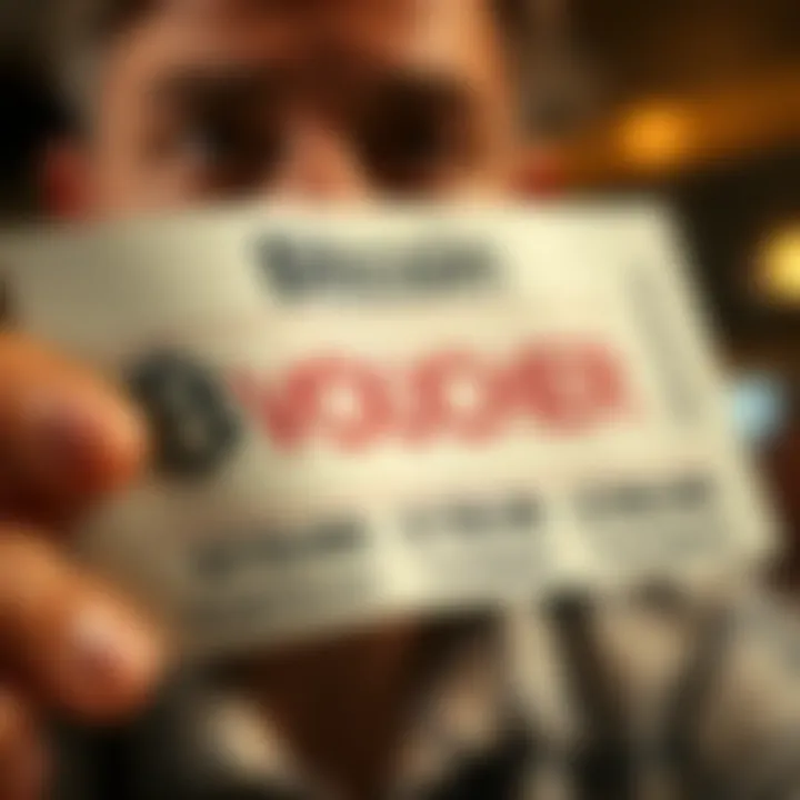A close-up of a Bitcoin voucher that has a marked expiration date, with a person looking concerned in the background.