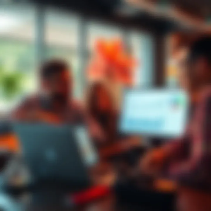 A group of people discussing their experiences with DeFi protocols in a casual setting, with charts and graphs about finance on a laptop in front of them.