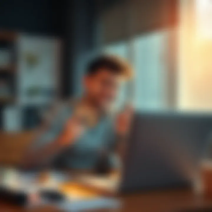 Person counting money while sitting at a desk with a laptop, looking happy about extra earnings, showing strategies for making money.
