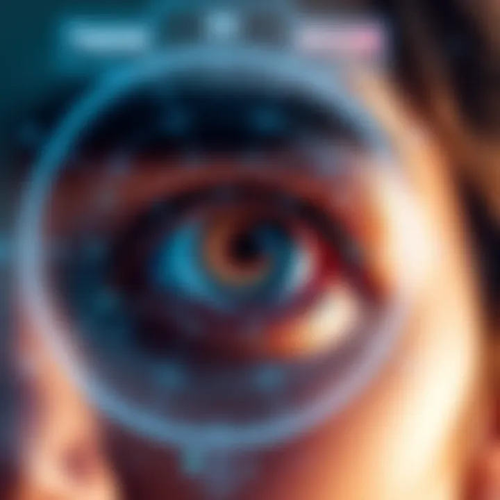 A close-up of a person's eye being scanned for identity verification, with a digital interface showing the scanning process, representing Tinder and Zoom's new partnership.