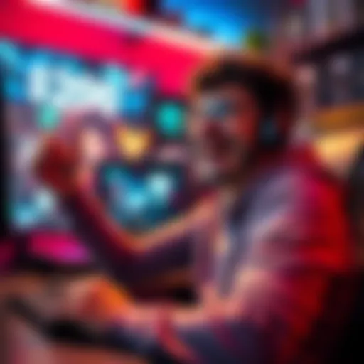 A free-to-play gamer celebrating reaching a $200 milestone, with gaming setup in the background and a happy expression.