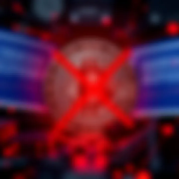 A graphic showing a Bitcoin logo with a red cross, symbolizing a failed transaction to American Express through Trezor.