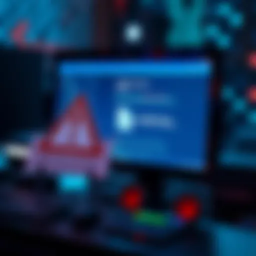 A representation of a failed permission hook attempt with a warning sign and a computer screen showing a critical system file alert.