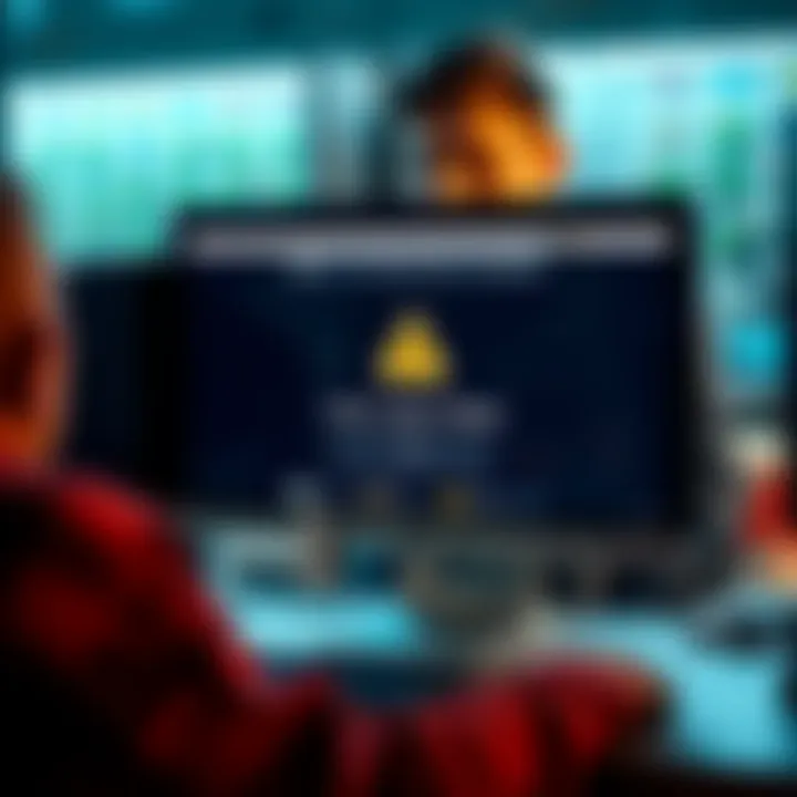 Fake Ledger Wallet App on Mac Screen A computer screen displaying a fake Ledger Wallet app with warning symbols, indicating a scam, while a person looks concerned in the background.