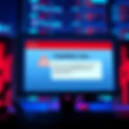 A computer screen shows a warning about fake BlueWallet sites, with a red alert symbol and a Bitcoin logo.