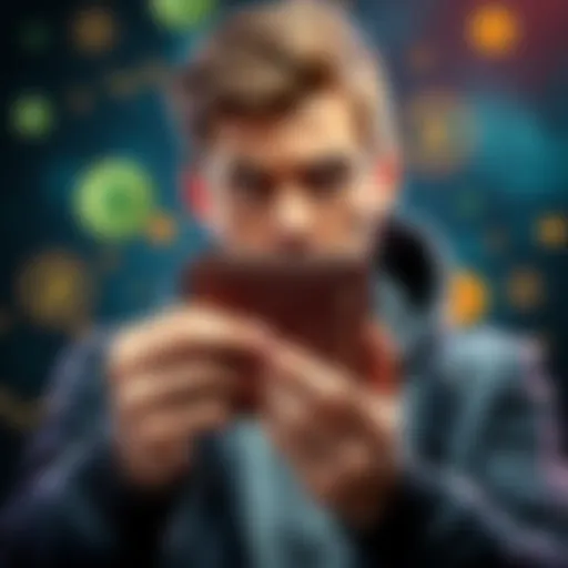 Person holding a counterfeit hardware wallet with a worried expression, surrounded by digital currency symbols