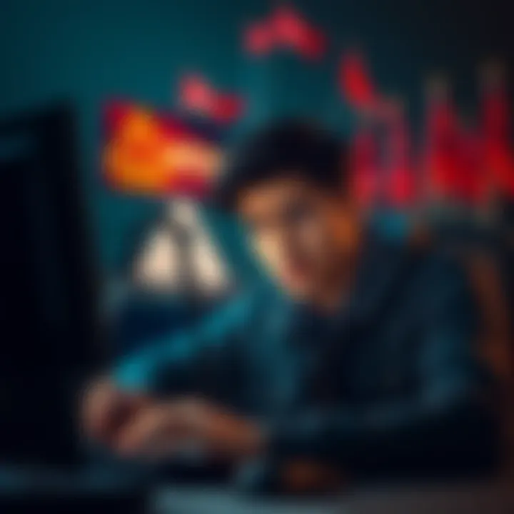 A person looking worried while checking their cryptocurrency wallet on a computer, with warning symbols and red flags in the background.
