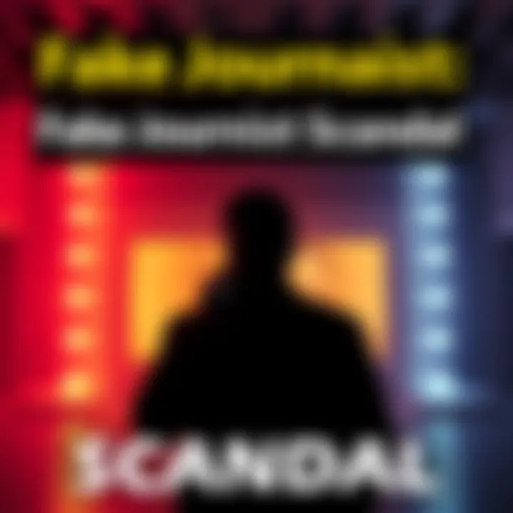 Fake Journalist Scandal XDC logo with a headline about the fake journalist controversy, featuring a silhouette of a person with a microphone