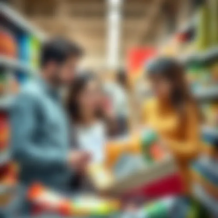 A family discussing their shopping list while looking at products in a store aisle
