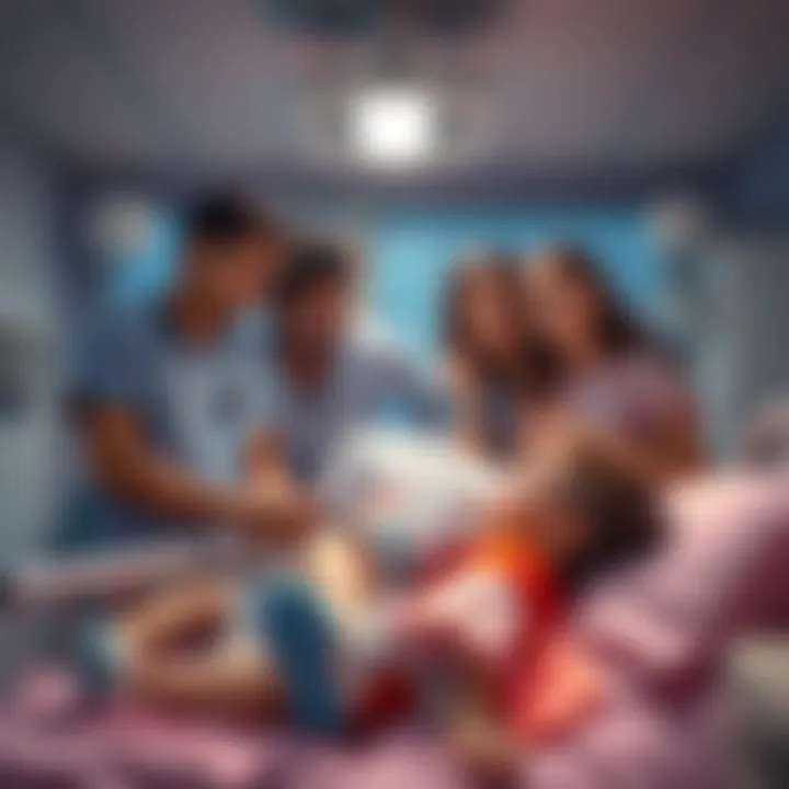 A distressed family in a hospital setting, with a sick child in a bed and concerned parents expressing frustration.