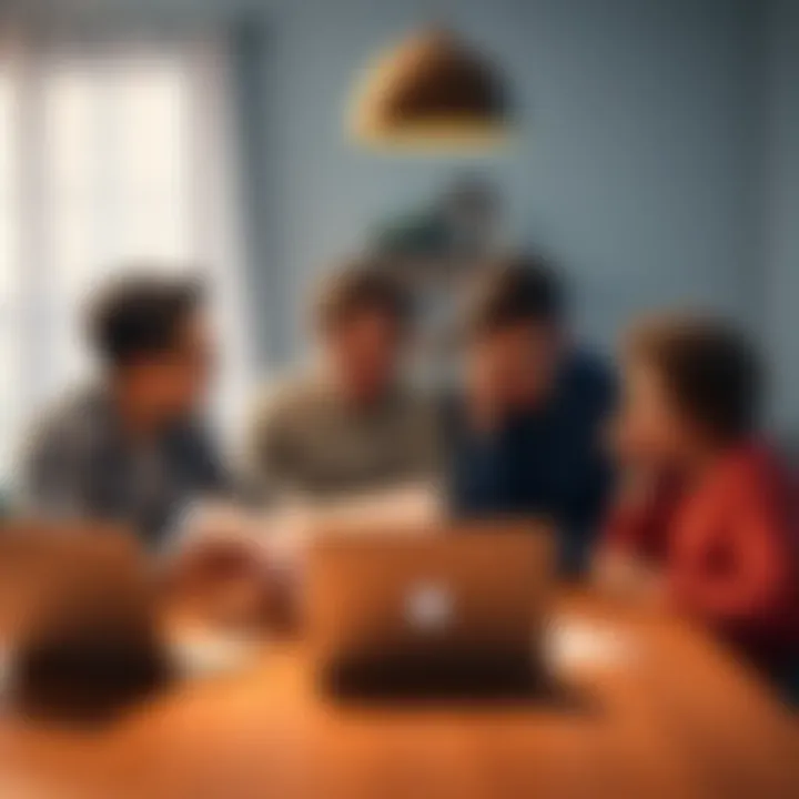 Family considering relocation due to high taxes A thoughtful family of five discussing their options at a table with financial documents and a laptop.