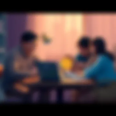 A family sitting together at a table, talking about managing Bitcoin investments, with a laptop open showing cryptocurrency information.