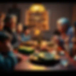 A family gathering at the dinner table with one person trying to explain Bitcoin to an older relative, who looks confused. A hardware wallet is on the table as a potential gift.