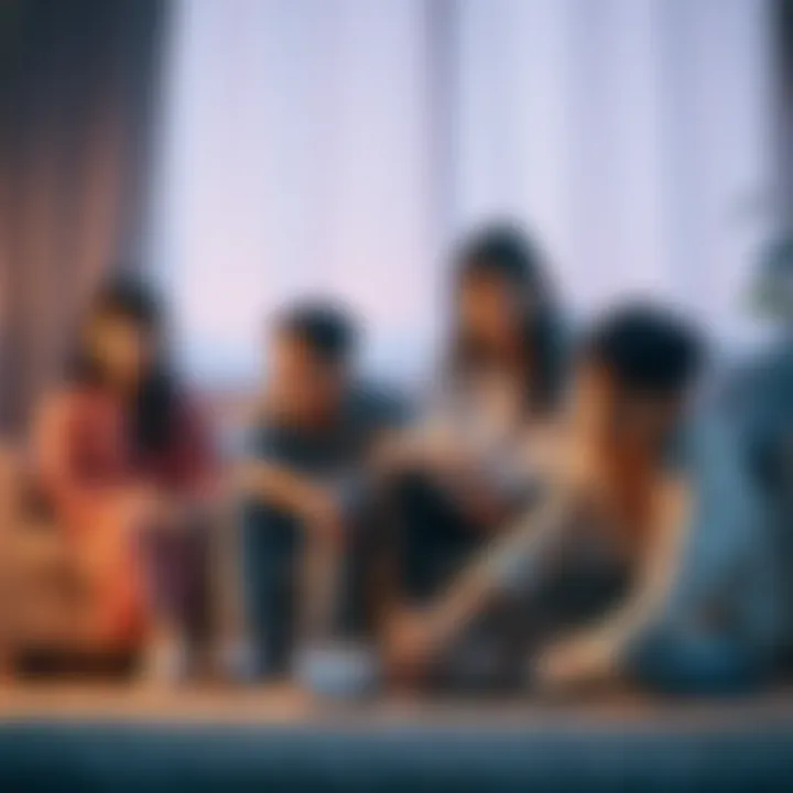 A family sitting together in a living room, looking concerned and somber as one member stares blankly at the floor, showing signs of despair.