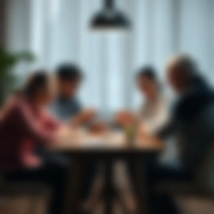 A family sitting around a table looking stressed while discussing finances related to a deceased father.