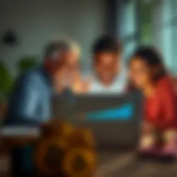 A family smiling and celebrating around a laptop, looking at Bitcoin investment results, with charts showing growth on the screen.