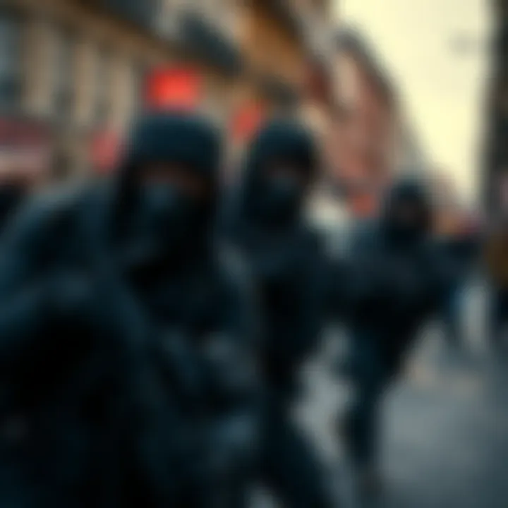 A family of four, including two children, is being kidnapped by masked attackers in a blurred city background, emphasizing the threat linked to cryptocurrency theft.