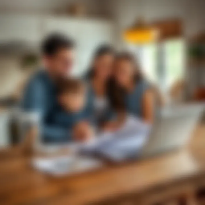 A young couple with two children discussing financial plans at a kitchen table with a laptop and paperwork.