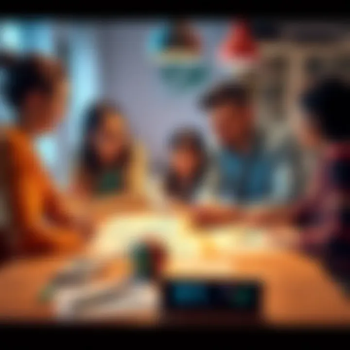 A family gathered around a table discussing savings plans with charts and financial documents
