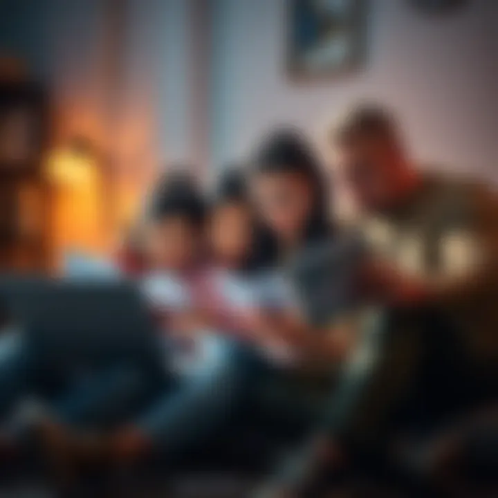 A worried family sitting together with bills and a laptop, looking distressed about financial issues and medical care for their mother.