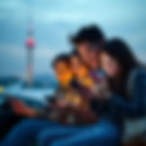 A family of four enjoying their trip, each using their smartphone for connectivity with eSIMs.