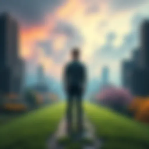 A person stands on a path dividing a colorful fantasy landscape and a gray, realistic cityscape, symbolizing the choice between dreams and real life.