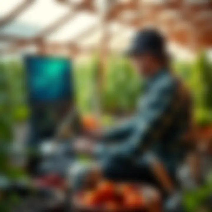 Farmer staking Solana on Asgard Finance A farmer working on a computer, tracking Solana staking rewards with Asgard Finance, surrounded by farming tools.