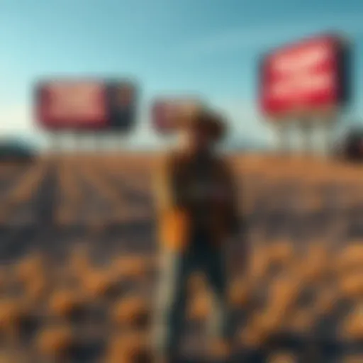 A distressed farmer stands in a barren field, with billboards advertising AI data centers in the background, symbolizing the impact of Trump's policies on agriculture.