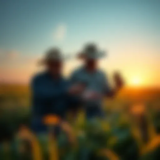 Farmers in a field checking digital devices that display land and sustainability records from Cardano's satellite system.