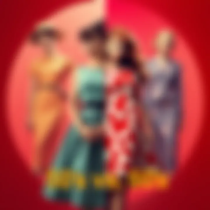 Fashion of the 50s and 60s A split image showing 1950s fashion on one side with classic dresses and hairstyles, and 1960s fashion on the other side featuring bold prints and styles.