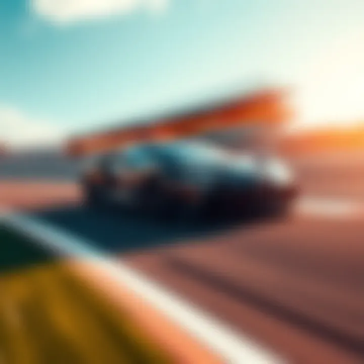 Fast Car Racing on Track A sleek fast car speeding on a race track with motion blur, showcasing its power and performance.