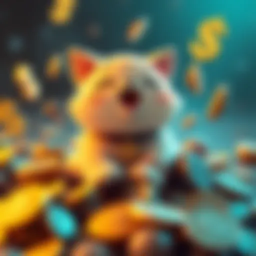 A cartoonish, playful cat surrounded by coins and dollar signs, representing wealth in the crypto market.