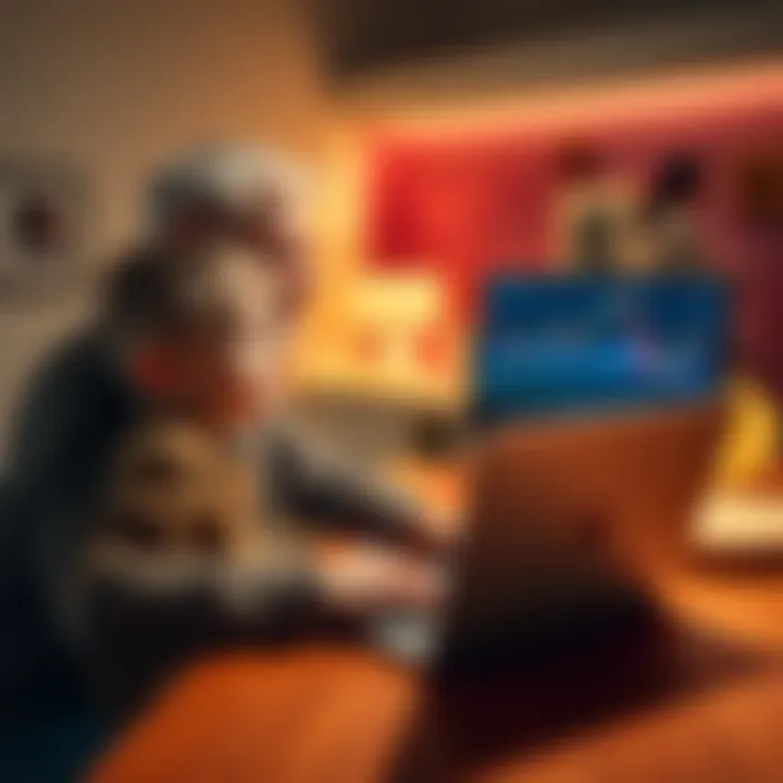 A father and son sit together at a table, looking at a laptop screen that shows Bitcoin charts. The father appears calm, while the son looks thoughtful.