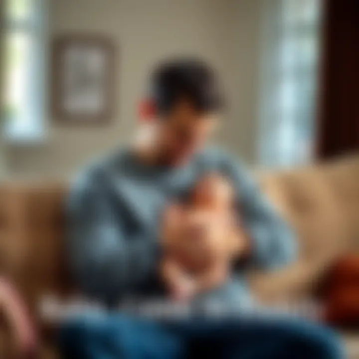 A loving father cradling his baby while sitting on a cozy couch, both smiling and enjoying a moment together.