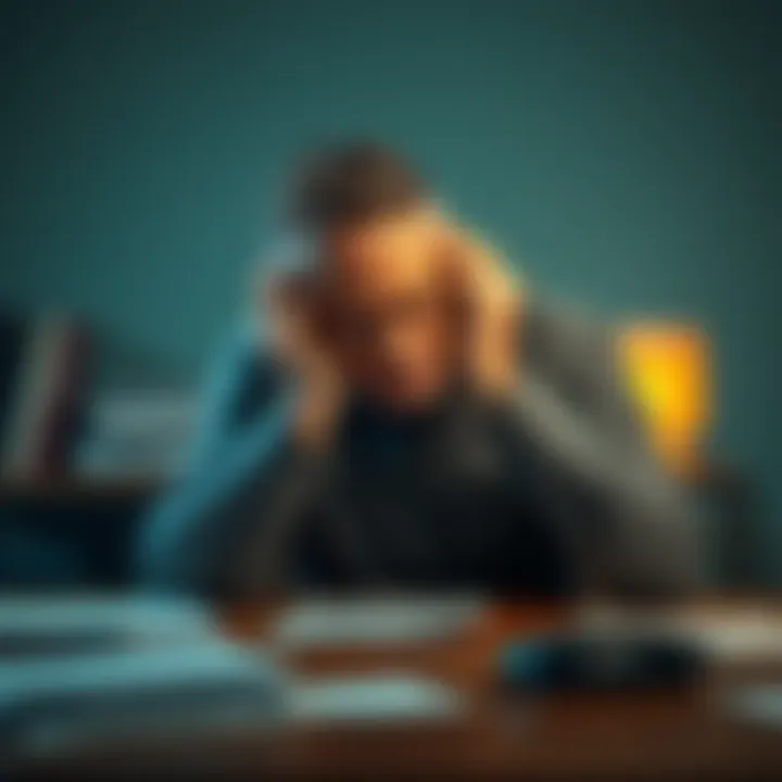 A worried father sits at a table with his head in his hands, reflecting on his son's recent arrest, surrounded by paperwork and a phone.
